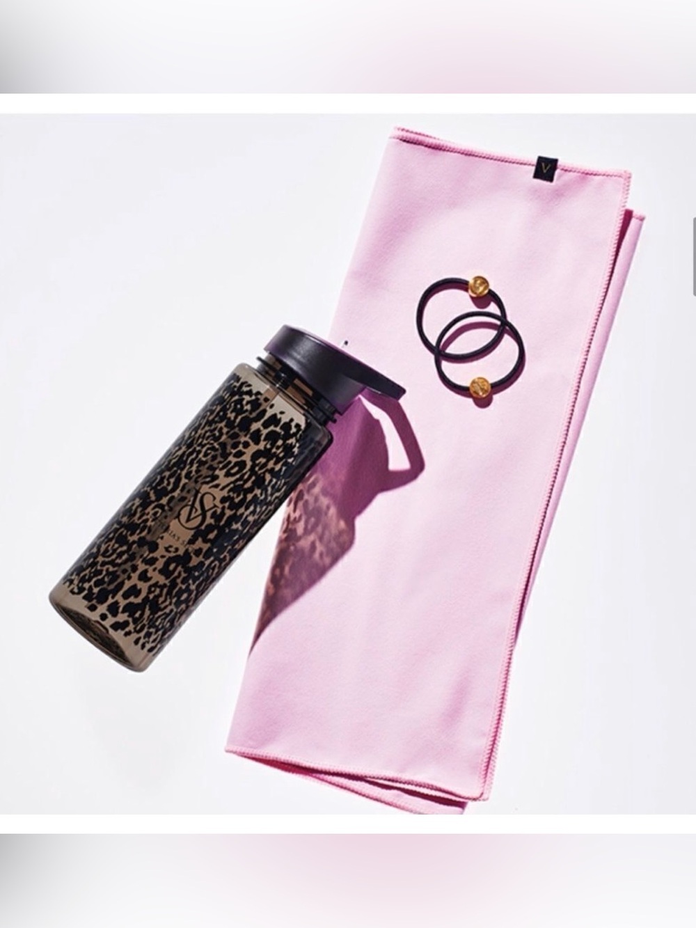 NWT VS Black Leopard Print Water Bottle/w Sweat Rag and Hair Ties. - Picture 2 of 8